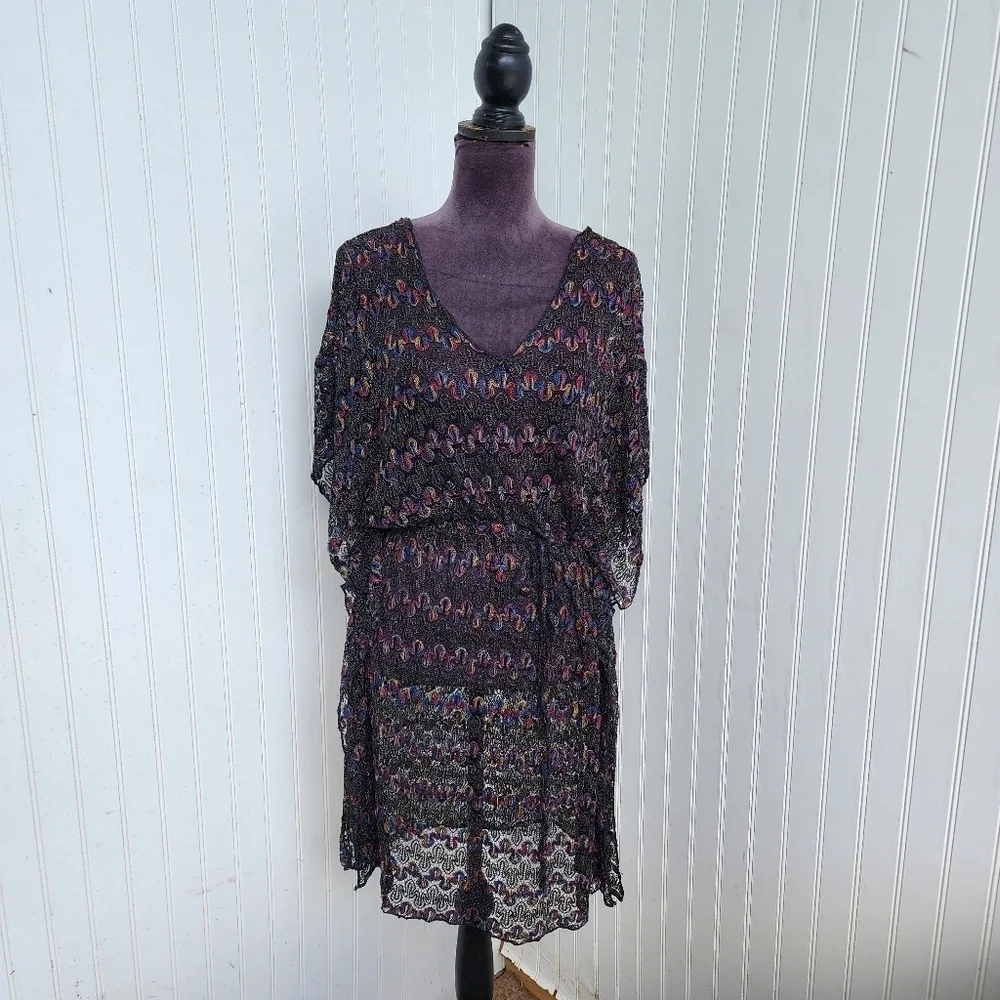 Womens Black Multi Sheer Crochet Lace Dress Pool Coverup Strerch Drawstring M/L